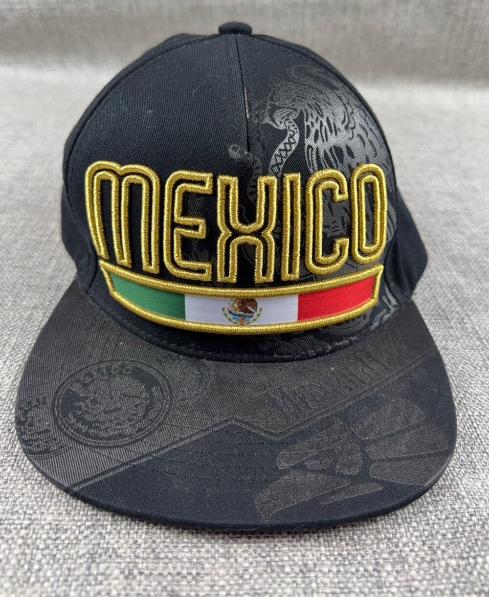 Top Level Mexico Snapback Hat Black Gold Embroidered Mexican Flag Eagle Cap